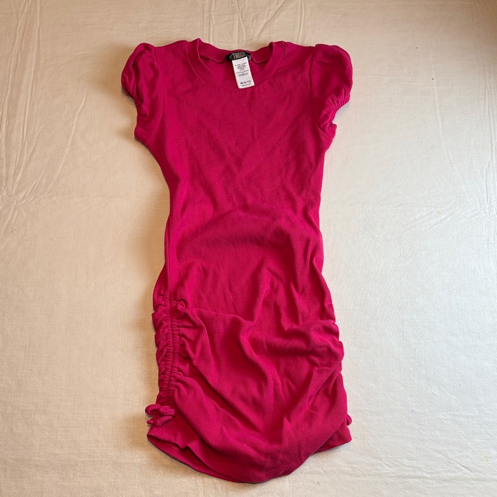 Truce Girls Fuchsia Pink Ribbed Short Sleeve Rouched Dress Size M 10-12